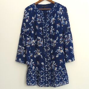 WHBM Dress Blue Floral Print Tassel Tie Neck Boho Mini‎ Small